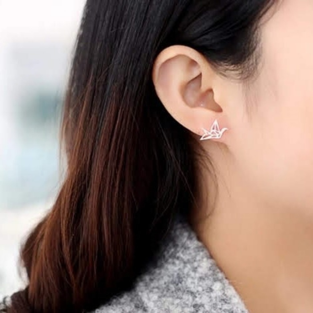 Silver Stainless Steel Origami Paper Crane Laser Cut Stud Earrings - Brand New! - Picture 5 of 8